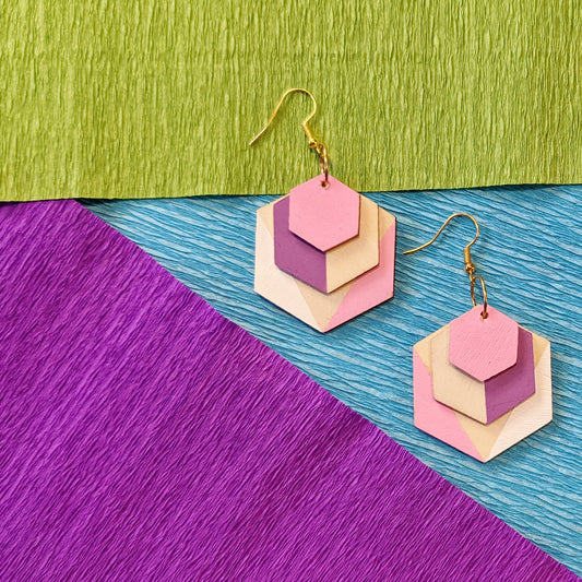 Geometric Wood Colour Block Earrings - Pink, Purple and White