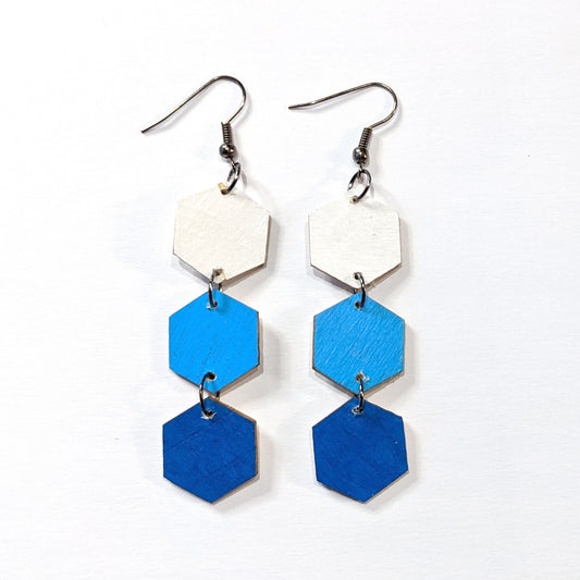 Geometric Wood Hexagon Earrings - Blue Ombre