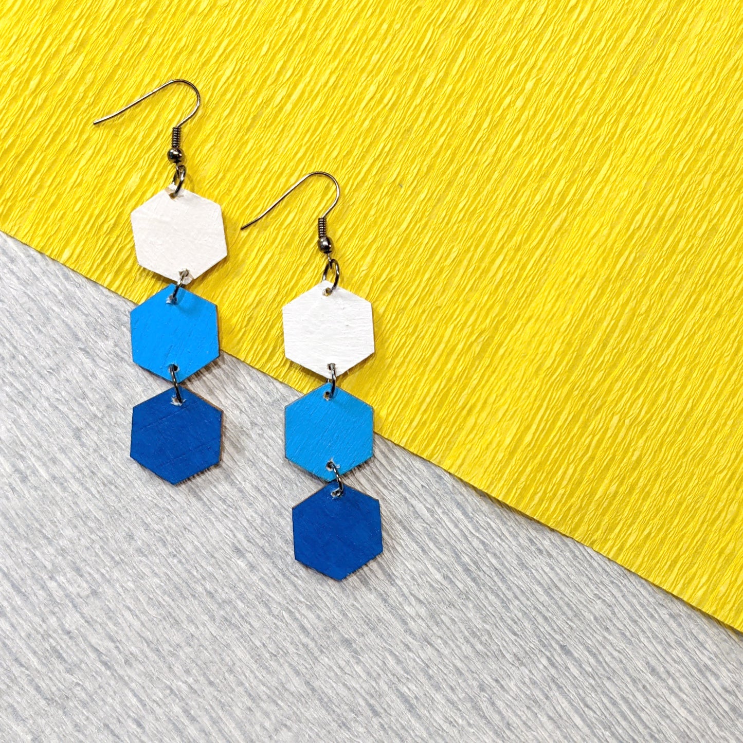 Geometric Wood Hexagon Earrings - Blue Ombre