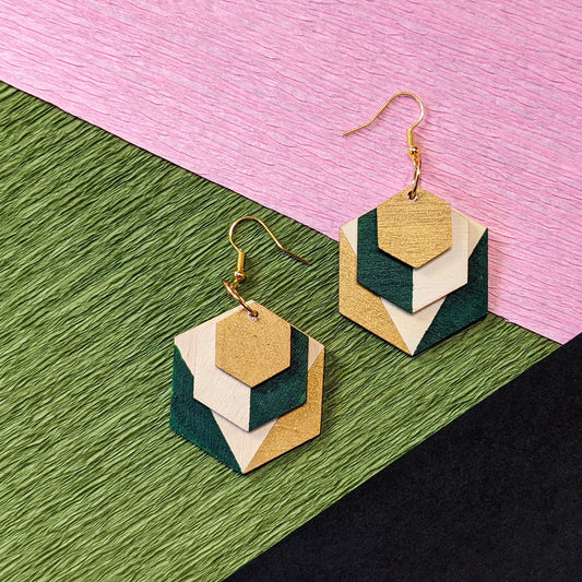 Geometric Wood Colour Block Earrings - Green and Gold, Limited Edition
