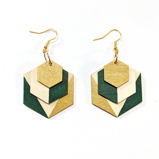 Geometric Wood Colour Block Earrings - Green and Gold, Limited Edition