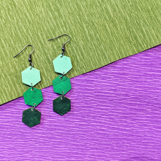 Geometric Wood Hexagon Earrings - Green Ombre