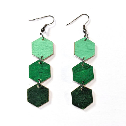 Geometric Wood Hexagon Earrings - Green Ombre