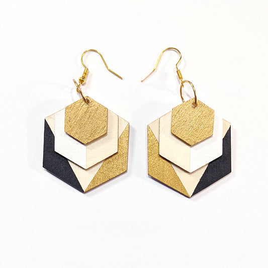 Geometric Wood Colour Block Earrings - Black, White and Gold