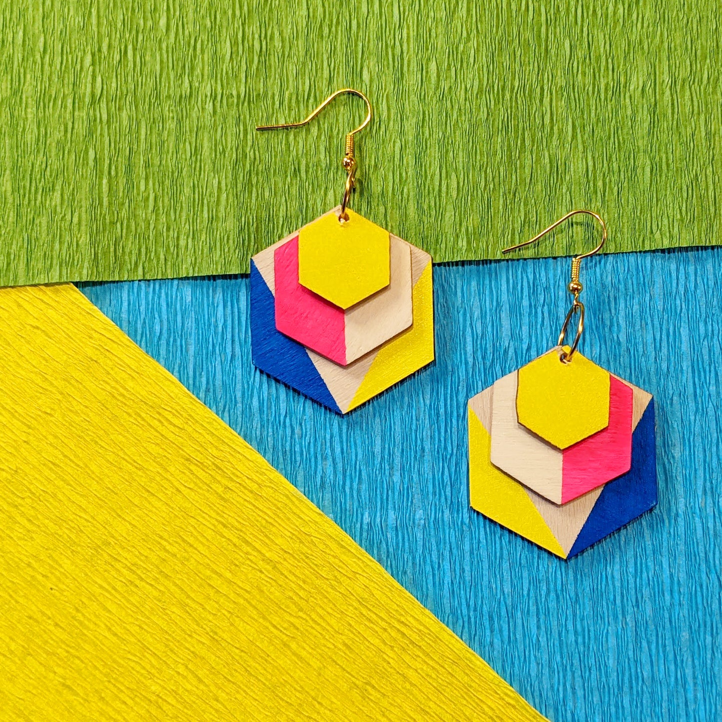 Geometric Wood Colour Block Earrings - Yellow, Hot Pink and Blue