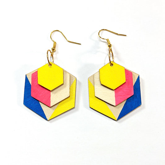 Geometric Wood Colour Block Earrings - Yellow, Hot Pink and Blue