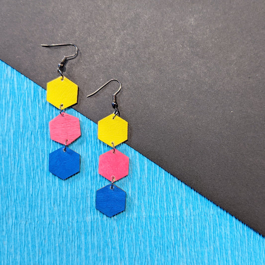 Geometric Wood Hexagon Earrings - Yellow, Hot Pink and Blue