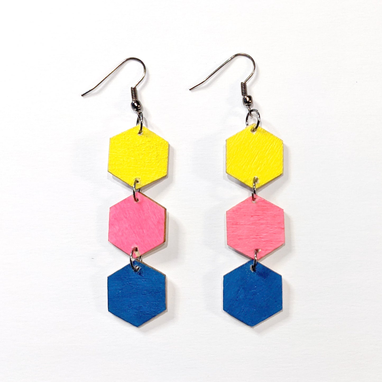Geometric Wood Hexagon Earrings - Yellow, Hot Pink and Blue