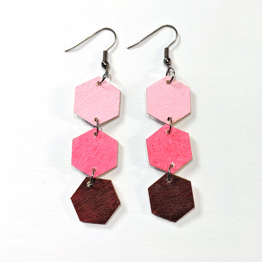 Geometric Wood Hexagon Earrings - Pink Ombre