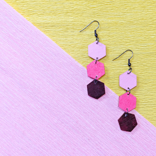 Geometric Wood Hexagon Earrings - Pink Ombre