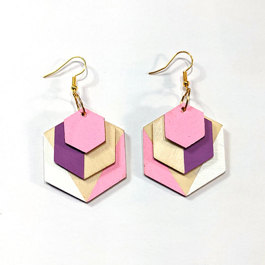 Geometric Wood Colour Block Earrings - Pink, Purple and White
