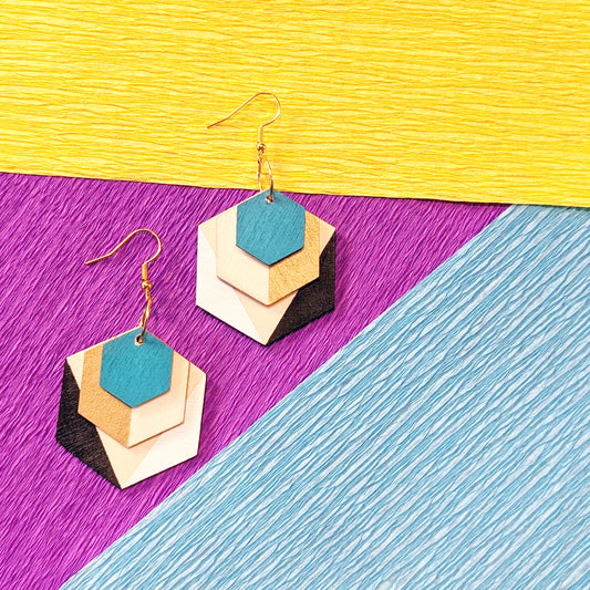 Geometric Wood Colour Block Earrings - Turquoise, Gold and Black