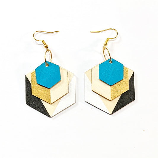 Geometric Wood Colour Block Earrings - Turquoise, Gold and Black