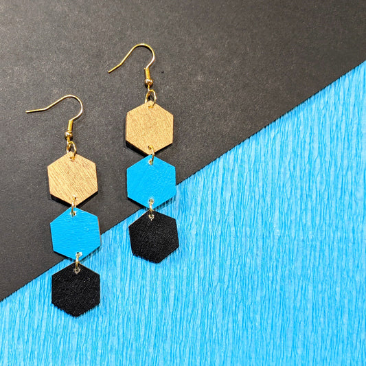 Geometric Wood Hexagon Earrings - Gold, Turquoise and Black